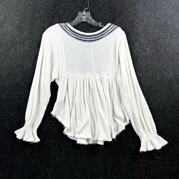 Free People Soul Mate Blouse Women's Extra Small White Blue Thermal Long Sleeve - Picture 6 of 8